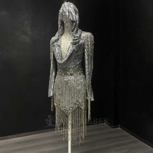 Robe de soirée sans manches à sequins Nt13, courte, argentée, à franges, pour fête, avec appliques en mousseline et taille naturelle - Product Image 4