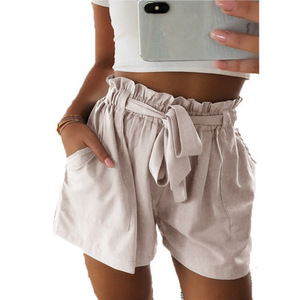 <span class=keywords><strong>Shorts</strong></span> Casual estivi pantaloncini da <span class=keywords><strong>donna</strong></span> accartocciati di <span class=keywords><strong>lino</strong></span> di cotone larghi con coulisse con cintura elastica in vita con tasche - Product Image 4