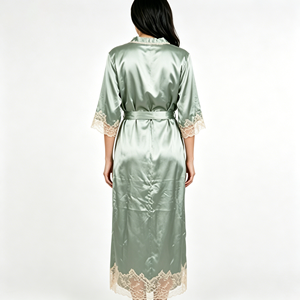 Elegante <span class=keywords><strong>Vestaglia</strong></span> in Raso Verde Salvia con Bordo in Pizzo, Kimono a Maniche Lunghe per Donna, Morbida Pigiama in Seta, Abbigliamento da Casa - Product Image 2