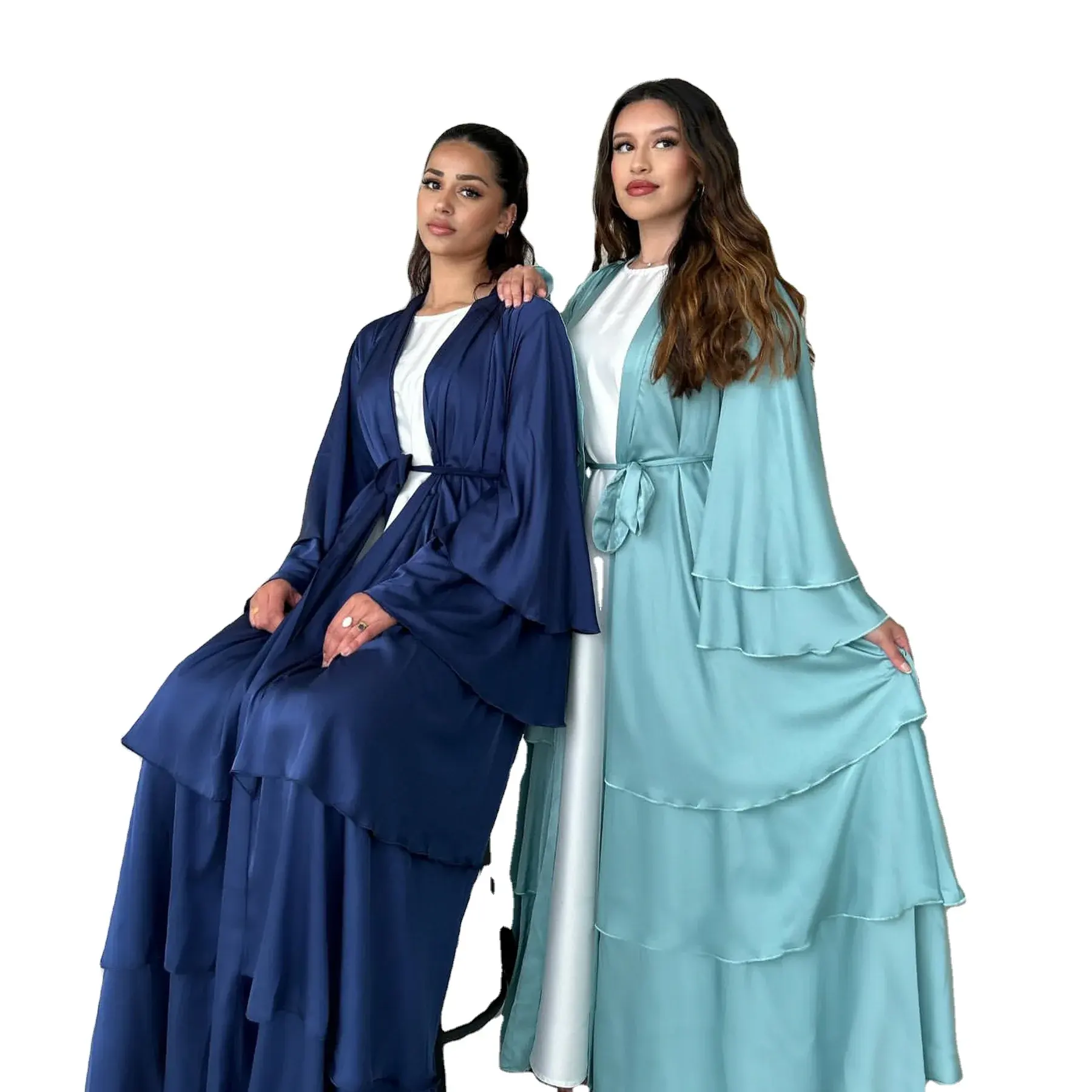 2024 novo design de abaya de cetim elegante, abaya modesto de 3 camadas, vestido abaya feminino tradicional muçulmano, vestido tradicional para Eid Dubai, novidade