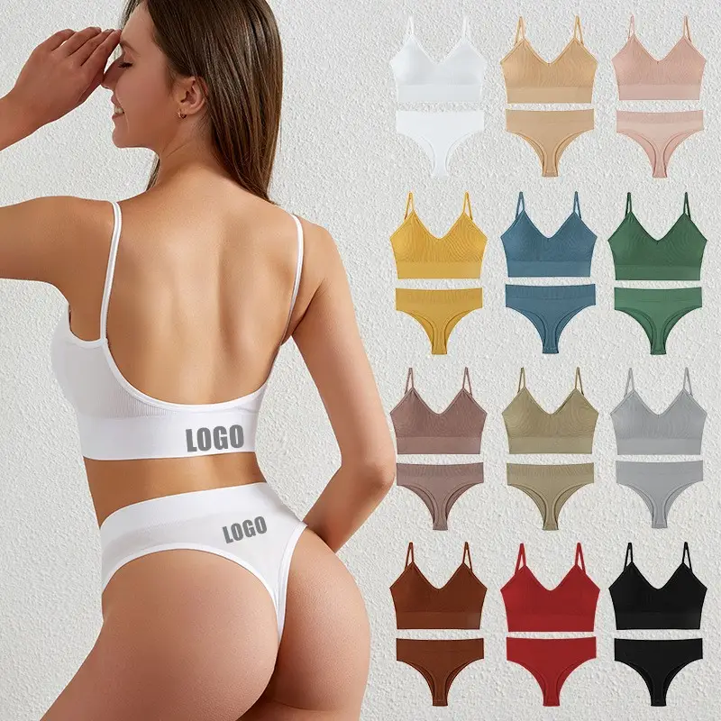 Logo personnalisé lettre côtelé sans couture réservoirs slip femme sous-vêtements sport string haut femmes Bralette adolescent coton soutien-gorge culotte ensemble