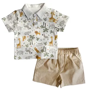 Custom Summer Baby Infant Clothes Short Sleeves Turn-Down Collar Cotton Top Shorts Boys Toddler Clothing Set