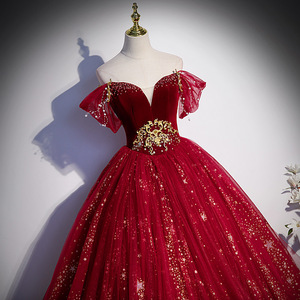 Burgundy Ball Gown Off The Shoulder Sweetheart Neckline Sequins Vintage Wedding Dress Women's Evening Gown Claret Color - Product Image 1