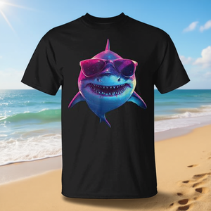 T-shirt graphique avec requin portant des lunettes de soleil, noir, vêtements décontractés pour hommes - Product Image 3
