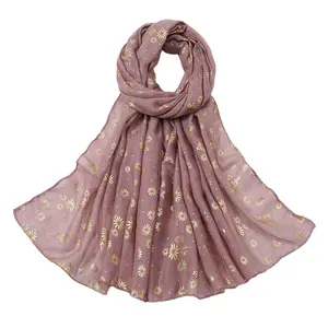 2024 New arrival high quality viscose printed scarf gold foil flowers shiny scarf shawl for women