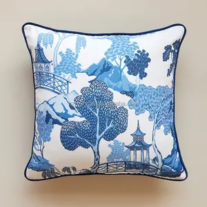 Wholesale Traditional Chinese Style Pagoda And Trees Printed Square Pillow Cover For Home Decor