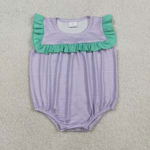 Ensemble de vêtements d'été respirant pour bébés filles, rayé violet, comprenant une barboteuse sans manches verte à volants et une robe pour tout-petits - Product Image 2