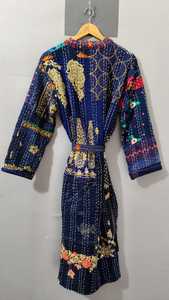Bata de mujer acolchada Kantha con estampado de bloques, patchwork, bordado a mano, cuello de algodón, manga tres cuartos, para otoño - Product Image 4