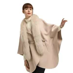 उच्च गुणवत्ता महिलाओं के फैशन केप ऊन दुपट्टा कश्मीरी शाल वियोज्य फॉक्स फर कॉलर के साथ