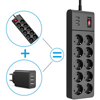 Multiprise EU 10 prises avec interrupteur et prise de charge USB intelligente