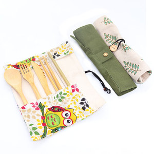 NEWELL 20cm Organic Bamboo Travel Cutlery Set Flatware Tableware Spoon Fork Knife Chopsticks Reusable Dispo with fabric bag
