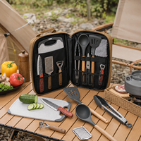 Ensemble de cuisine de camping 11 pièces, kit d'ustensiles de cuisine portable pour l'extérieur avec sac de rangement, acier inoxydable, silicone, randonnée, pique-nique