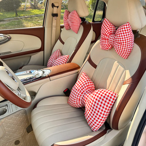 Car Headrest And Lumbar Support Pillow <b>Red</b> Checkered <b>Bow</b> Design Polyester Medium Firmness For All Seasons Interior Decor - Product Image 2