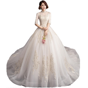 Robe <span class=keywords><strong>de</strong></span> mariée vintage 2019 en dentelle <span class=keywords><strong>champagne</strong></span> clair à col montant et manches mi-longues avec longue traîne - Product Image 6