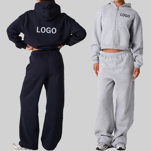 Tuta Sportiva Invernale Personalizzata <span class=keywords><strong>con</strong></span> Logo, <span class=keywords><strong>Felpa</strong></span> <span class=keywords><strong>con</strong></span> Zip e Pantaloni Larghi, Stampa Vintage a Rilievo, Tessuto Pesante per Donna - Product Image 1
