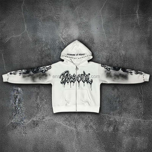 Spring Fashion Digital Printing Hoodie Spray Painting Distressed Embroidered Heavyweight Customized Men's <strong>Zip</strong> <strong>up</strong> Hoodies <strong>White</strong> - Product Image 1