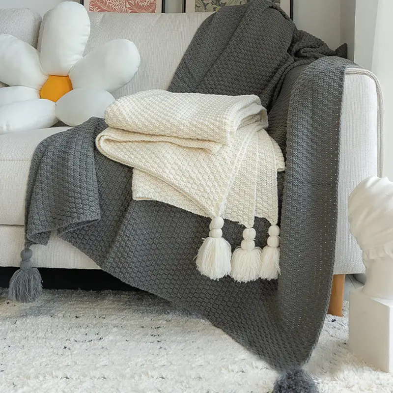 Manta de punto cálido con borlas, funda de manta de sofá de Color sólido, decoración nórdica, manta para cama, chal transpirable portátil