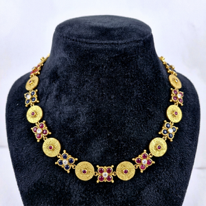 925 Sterling <b>Silver</b> Multi Color Gemstone <b>Choker</b> 18K Gold Plated Antique Textured Disc Necklace Ruby Sapphire Floral Link - Product Image 1