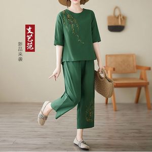 Women's Cotton Linen Two Piece Set Embroidered Mid Sleeve <b>Top</b> Cropped Pants Casual Wear - Product Image 4