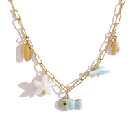 Collier en acier inoxydable plaqué or 18 carats avec breloques poisson, étoile de mer et coquillage, style trombone, pour femme, vente en gros OEM