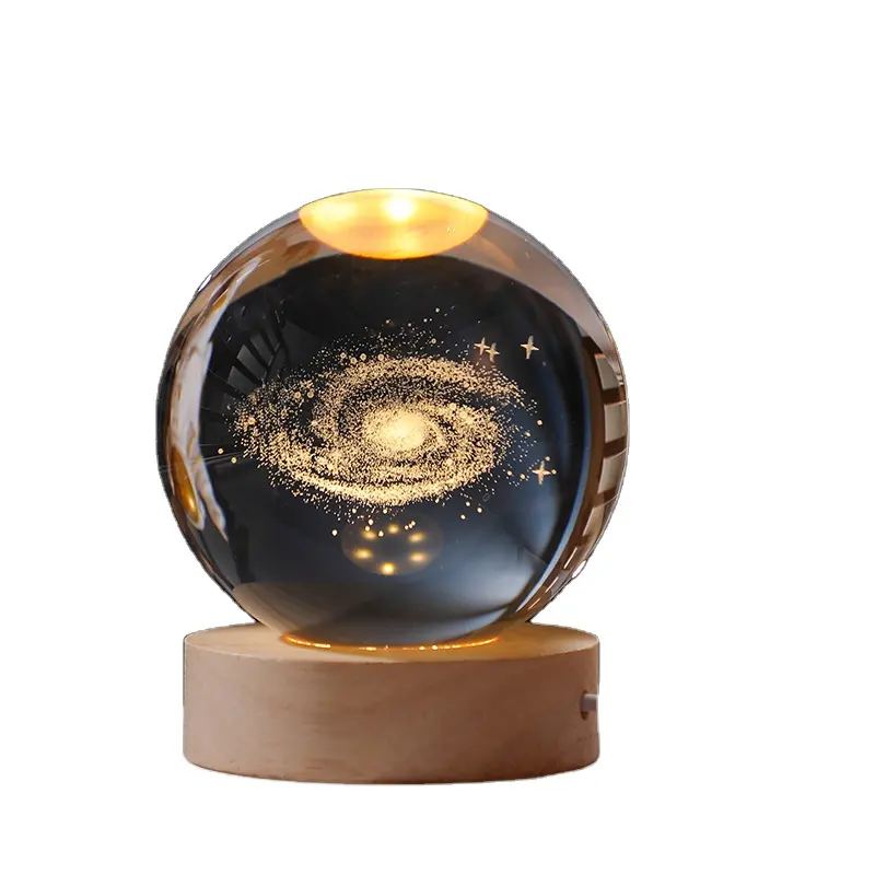 Popular New Design Top Selling Night Light Glass Crystal Ball Ornament With Warm Wooden LED Light Base
