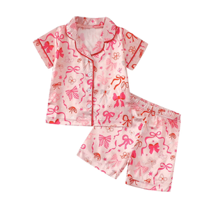 Conjunto Infantil GSSO3143 Personalizado, Estilo Casual, con Estampado de Lazos Rosas, Manga Corta, para Niñas, Venta al por Mayor - Product Image 1