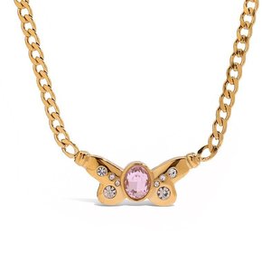 Collar con Colgante de Mariposa, Chapado en Oro de 18K, Acero Inoxidable, Zirconia Rosa con Engaste en Bisel, Joyería de Moda para Mujer, Regalo - Product Image 1