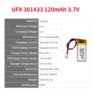 Batteries au lithium-ion Li-polymère 3,7 V 120 mAh UFX 301433 Batterie rechargeable pour appareil portable - Product Image 2