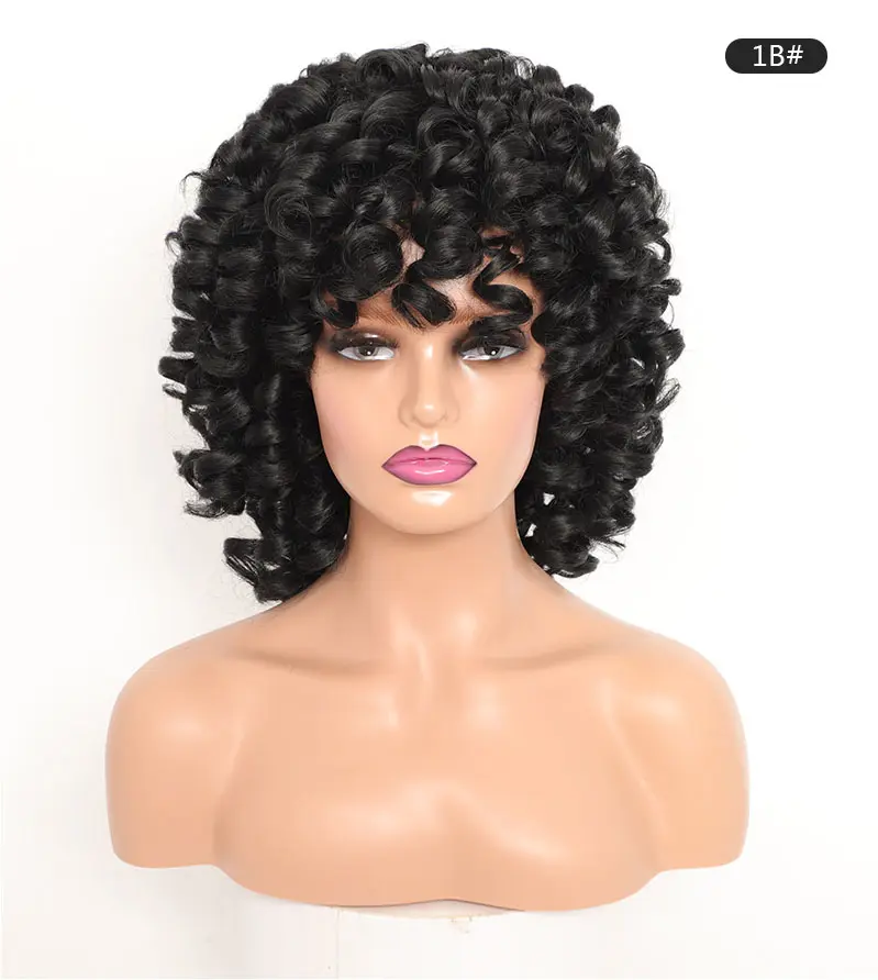 Afro Kinky Curly Wig With Bangs Black Red Synthetic Hair Shoulder LengthHeat Resistant Fiber For Africa America Black Women