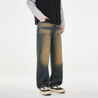 Pantalon en jean délavé style rétro américain pour homme, taille mi-haute, coupe large, tendance Y2K, délavé à la pierre, couleur jaune boue, style urbain décontracté