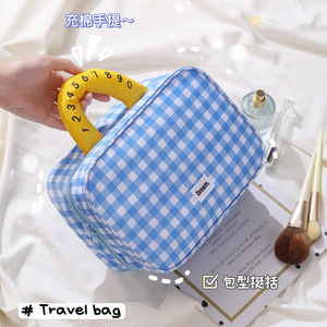Dream <b>Travel</b> Bag Large Capacity Blue Checkered Pattern Soft Handle Cosmetic Storage <b>Case</b> for Women Fashion <b>Makeup</b> Organizer - Product Image 1