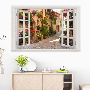 Autocollant mural 3D effet fenêtre - Décoration murale paysage de rue européenne avec pavés et fleurs pour salon, chambre et décoration intérieure - Product Image 1