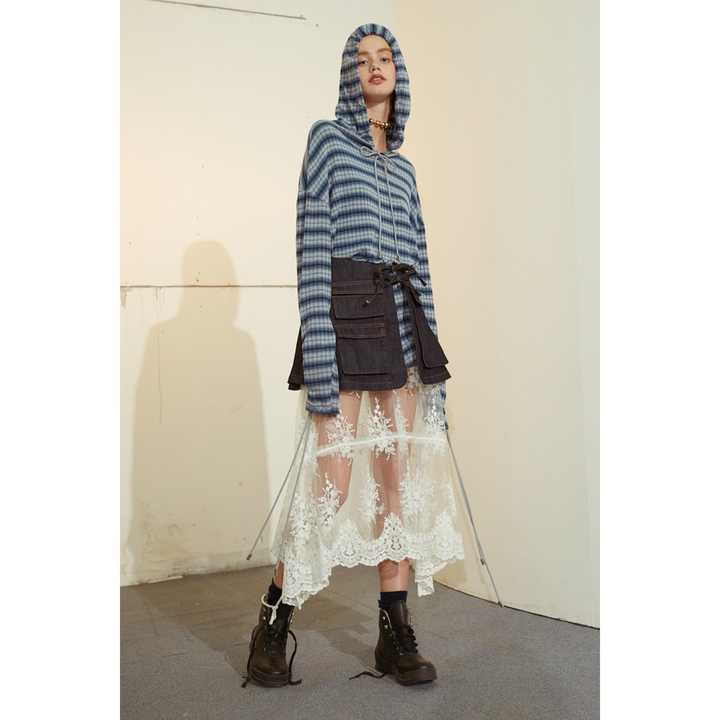TD Floral Embroidered Straight Skirt Ruffles Breathable Empire Waistline Patchwork Design Silk Cotton Chiffon Knitted Fabrics XS
