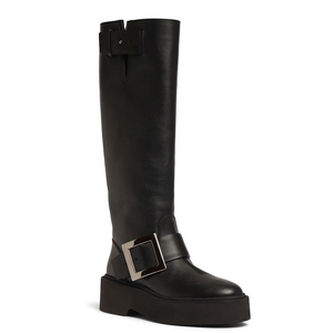 Women Low <b>Heel</b> Knight Boots <b>Round</b> <b>Toe</b> Knee High Long Booties Flat Big Metal Buckles Ladies Thick Sole Shoes - Product Image 5