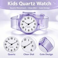 Montre à quartz pour filles, tendance, bracelet en plastique transparent violet, cadran blanc, chiffres arabes noirs, directement de l'usine
