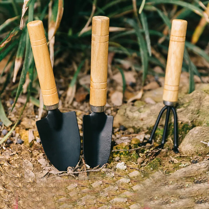 3つのミニガーデンツールのセット手植栽ツール小さなシャベルレーキスペードウッドハンドル植栽ツール