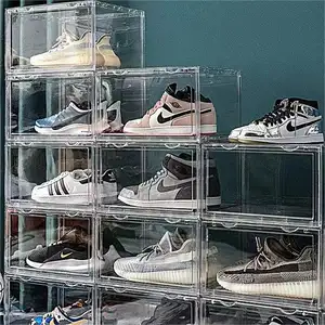 Büyük boy özel ayakkabı kutusu ayakkabı kutuları için manyetik katlanır çekmece tarzı şeffaf istiflenebilir spor ayakkabı