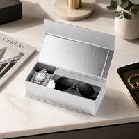 Boîte de rangement pour montres et lunettes à fermeture magnétique de style rabattable personnalisée, design texturé haut de gamme argenté, prend en charge le logo en estampage à chaud