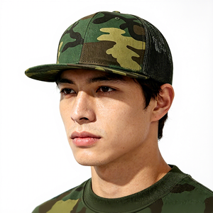 Woodland <b>Camo</b> Front Solid Black Mesh Back Flat Bill Trucker <b>Cap</b> Custom Logo 6-Panel Snapback Hip Hop Character Trucker Hat - Product Image 1
