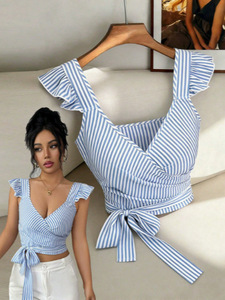 Wholesale Women 2026 New Backless Striped Bikini Custom Color Tie Waist Split Swimsuit With Matching Vest <b>Top</b> - Product Image 4