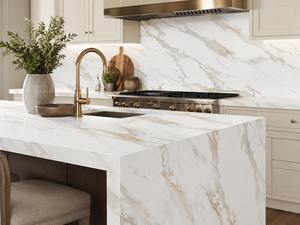 แผ่นควอตซ์พิมพ์ลาย Calacatta Golden Silk จาก UNION STONE ขนาดใหญ่ เป็นมิตรกับสิ่งแวดล้อม ดีไซน์ทันสมัย เหมาะสำหรับผนังห้องครัว พื้นห้องน้ำ - Product Image 1