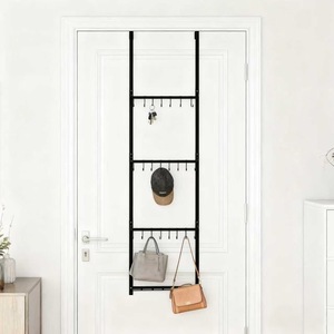 Estante para colgar sobre la puerta, 40,5x10x110 cm, acero al carbono negro, con tres ganchos para guardar abrigos y gorras, organizador para montar detrás de la puerta o en la pared. - Product Image 2