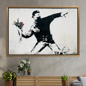 Printed <b>Canvas</b> Artwork: Banksy Flowers Graffiti Print for Modern Decor,GOLD <b>FRAMED</b> <b>CANVAS</b> - Product Image 3