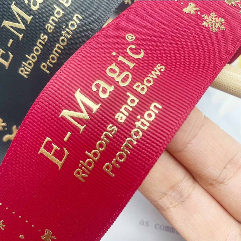 E-Magic OEM Gift Wrapping Red Ribbon Wholesale 100% Polyester Ribbon Gift Custom Gold Foil Printed Grosgrain Ribbon With Logo