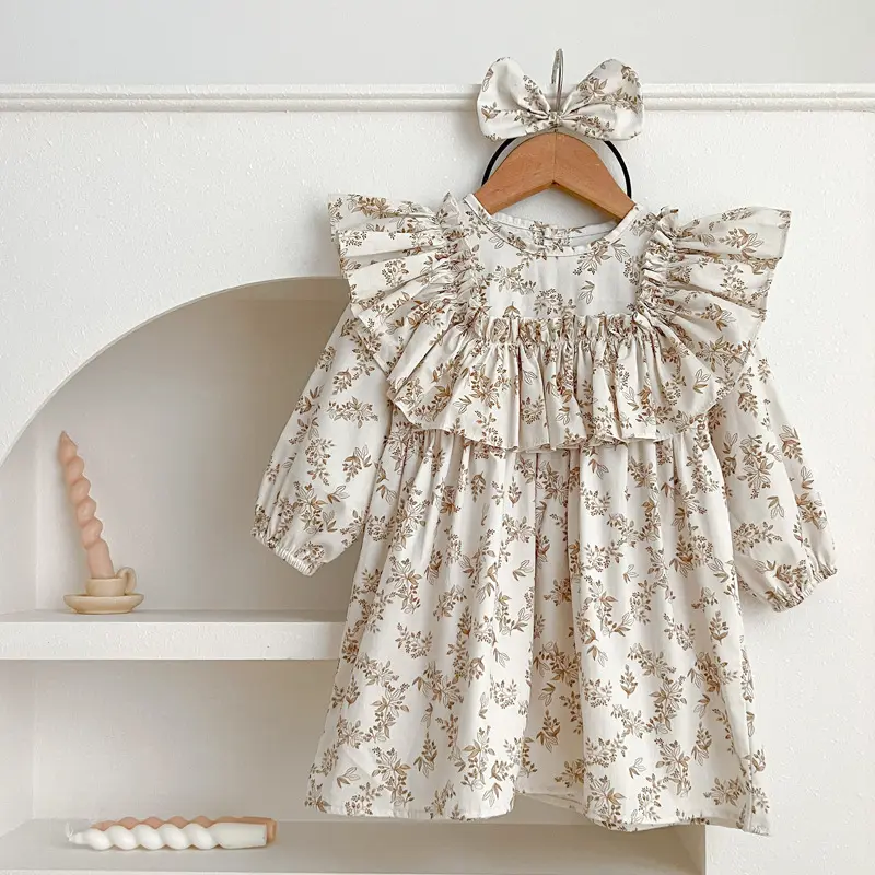 New Arrival Hot Sale 100% Cotton Woven Fabric Adorable Long Sleeves Floral Baby Girl Dresses 1 year