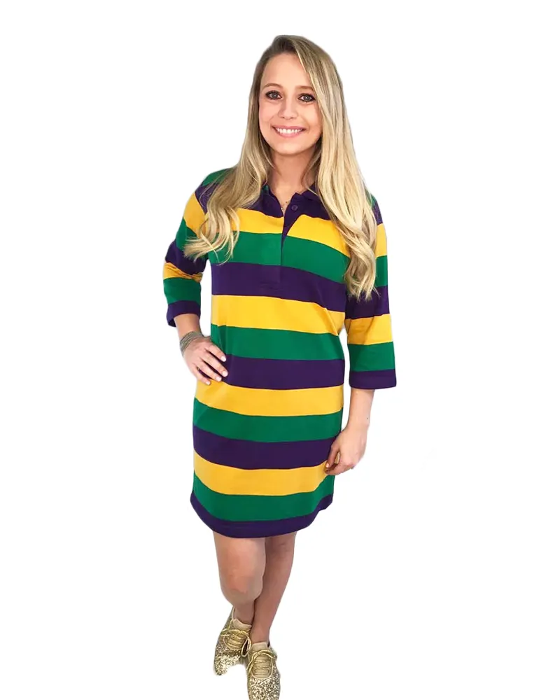 Mardi Gras Colorblock Striped Dress Long Sleeve Casual Woman Cotton Polo Shirt Dress