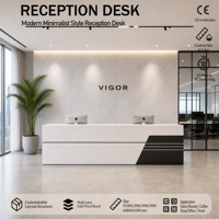 Bureau de réception moderne en bois écologique personnalisé, panneau frontal bicolore, design oblong durable pour hall d'entreprise commercial