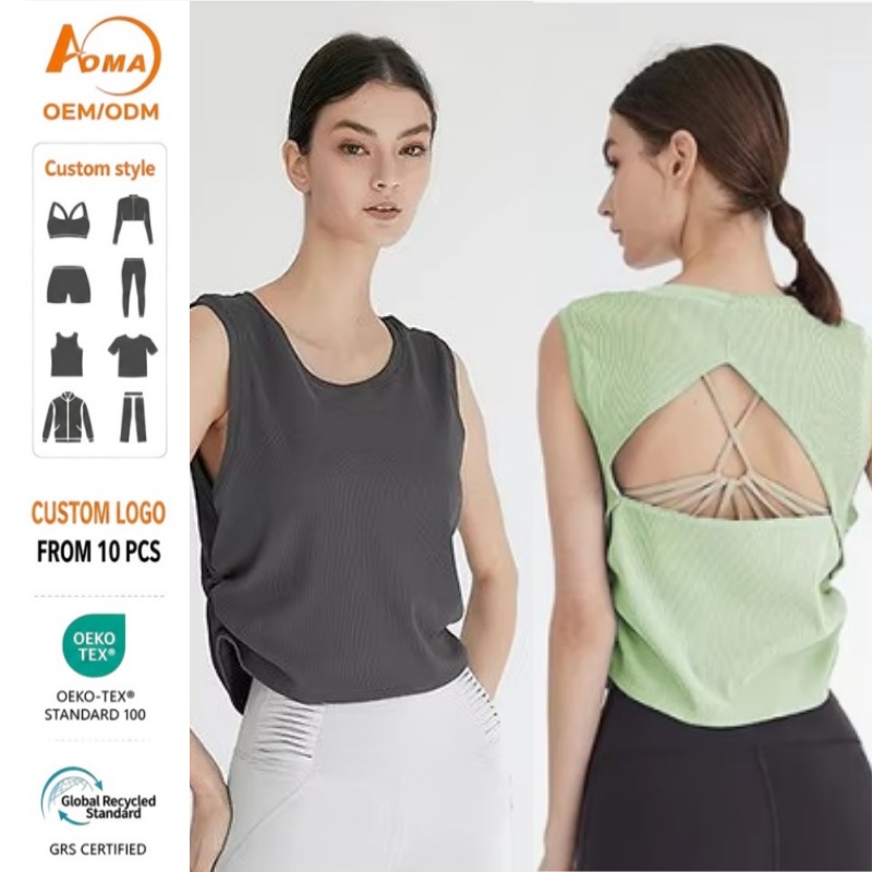 Aoyema Women Fitness Wear Beauty Back Yoga Blouse Striped Short Quick-drying Fitness Running Sports Training Sleeveless Top