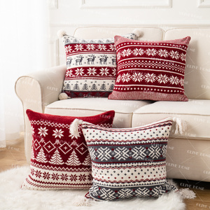 Xmas Throw <strong>Pillow</strong> Cover 20"x20" Knitted <strong>Snowflake</strong> Reverse Red &amp; White Cushion Cover with Tassels for Couch/Bedroom Decor - Product Image 4