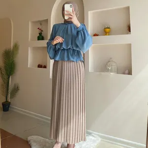 Muslim new women's fall and winter tops fashion shirt Turkish long-sleeved shirt pleated half-body skirt two-piece set